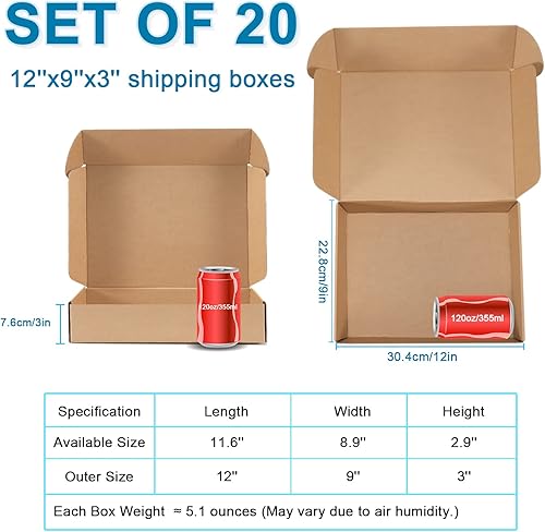 Miniatura 2 de Cajas de envío pequeñas de 12 x 9 x 3 pulgadas, cajas de cartón corrugado marrón Kraft (paquete de 20) para correo, embalaje, pequeñas empresas y