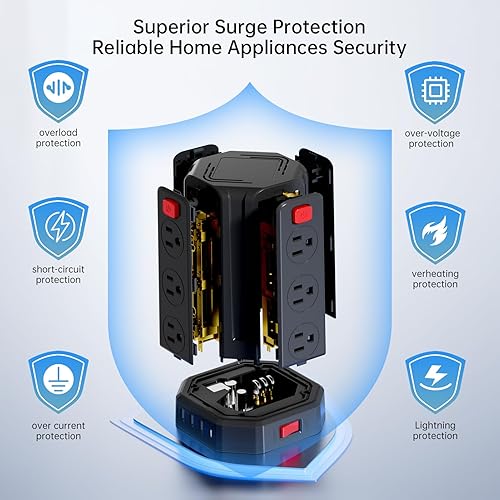 Miniatura 6 de PD - Regleta de alimentación de 20 W con cable de extensión de 10 pies, regleta protectora de sobretensiones con puertos USB en torre (10