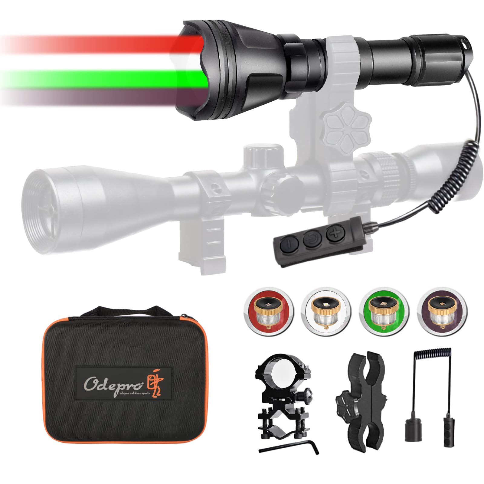 Odepro KL52 MAX Zoom LED Hunting Torch Rechargeable with White,Red,Green,IR850, Tactical Torcia with Remote Switch, 855m Beam Distance, IPX6 Waterproof Light for Hunting, Coyote, Hog, Varmint, Outdoor