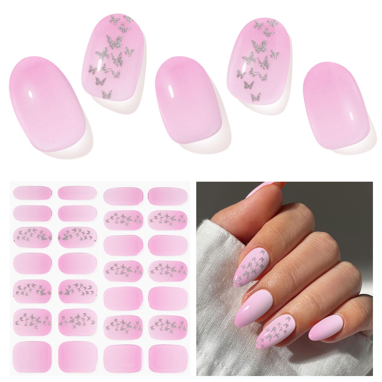 DUKASOU Semi Cured Gel Nail Strips, Gradient Pink | 28 pcs Gel Nail Strips Work with Any UV Lamp, Salon Quality UV Nails Stickers, Easy to Apply for
