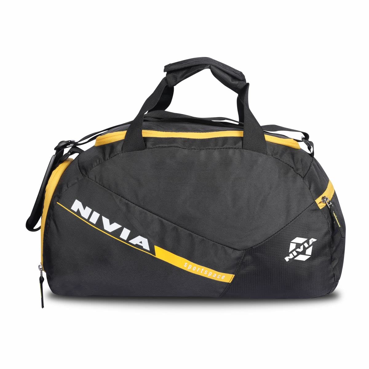 NiviaSports Space Polyester Gym Bag with Shoes Compartment,Adjustable Shoulder Bag for Men, Duffle Gym Bags for Men, Sports and Travel Bag, Junior (Black-Yellow),Capacity-10 litres