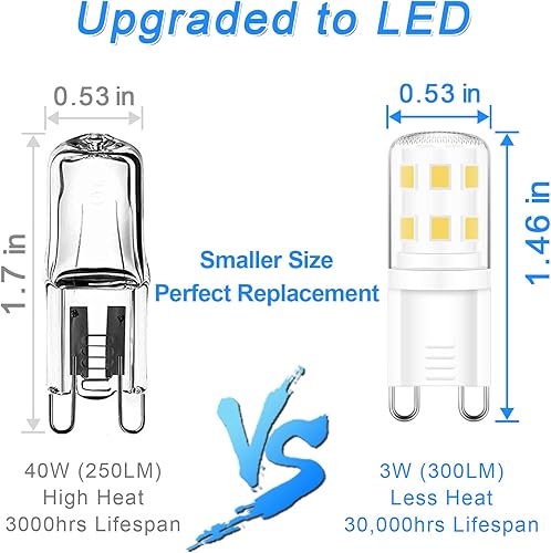 Miniatura 9 de Paquete de 4 bombillas LED G9, reemplazo halógeno de 40 vatios, blanco cálido 2700 K, bombilla LED T4 no regulable, base G9 de dos pines, bombillas