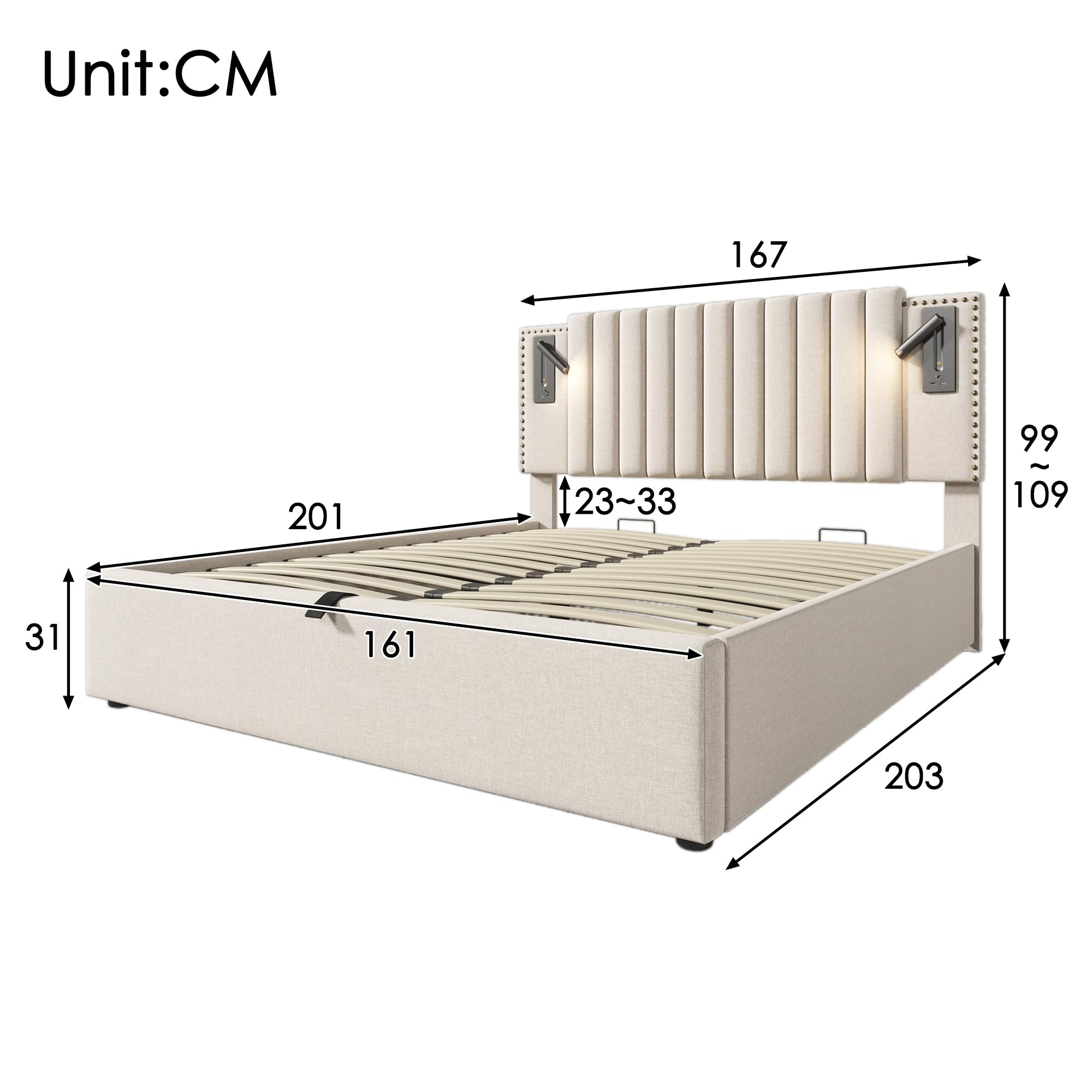 Letto imbottito idraulico luce lettura con funzione ricarica USB testiera letto matrimoniale king size schienale rivettato letti familiare contenitore adulti gli ospiti beige con materasso 160x200