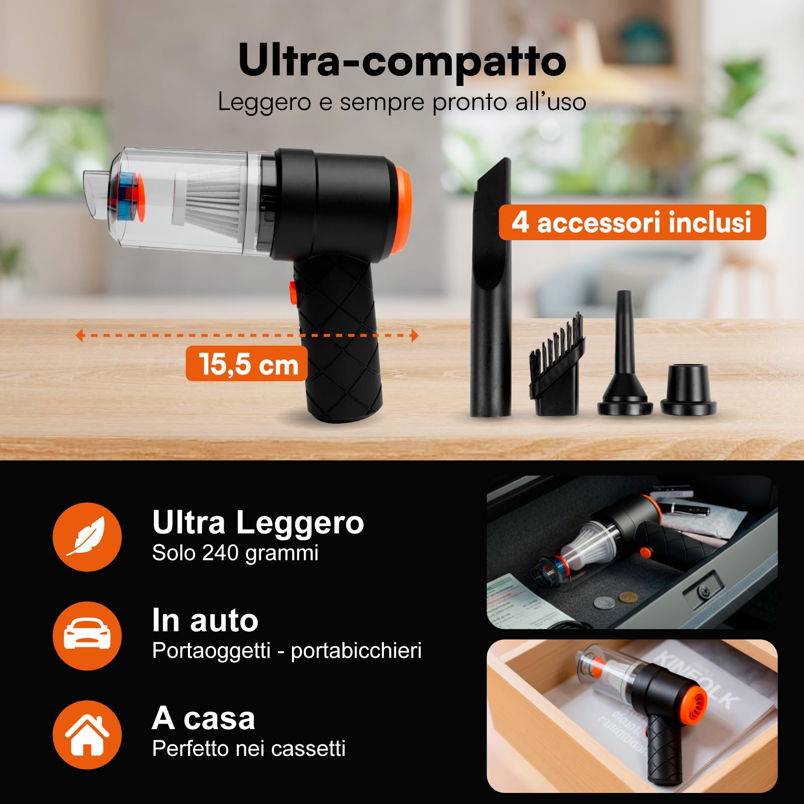 Aspirapolvere Aspirabriciole Senza Fili Auto Casa e Ufficio - Mini Aspiratore e Soffiatore Portatile 2in1 Aspiral DuoAir Ricarica Rapida USB e 4 Accessori Inclusi - Dimensioni 14x15,5x5,5cm