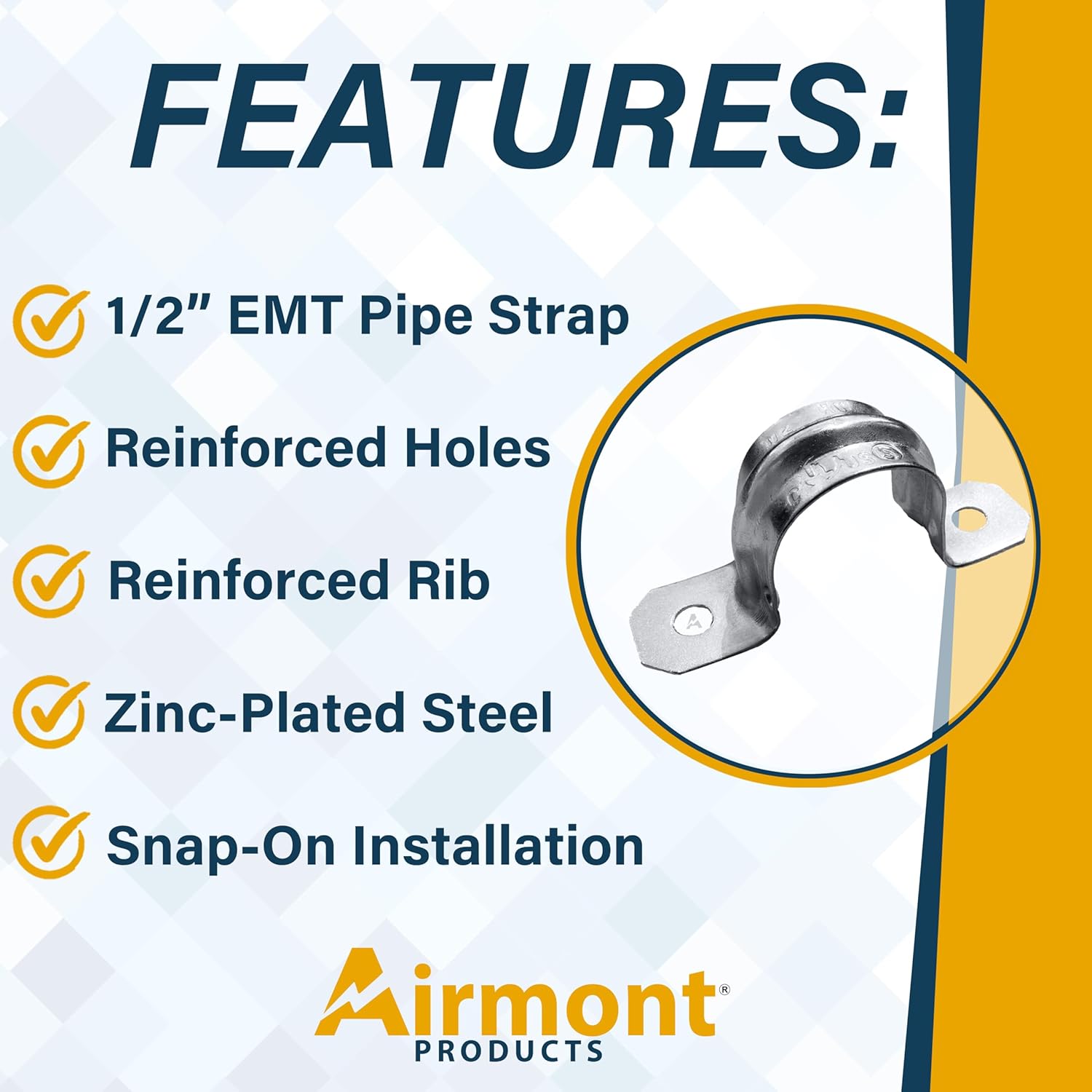 1/2 Inch Two Hole Snap-On EMT Conduit Pipe Strap, Reinforced Rib, Galvanized Zinc Plated Metal, Tension Clamp, Pack of 100