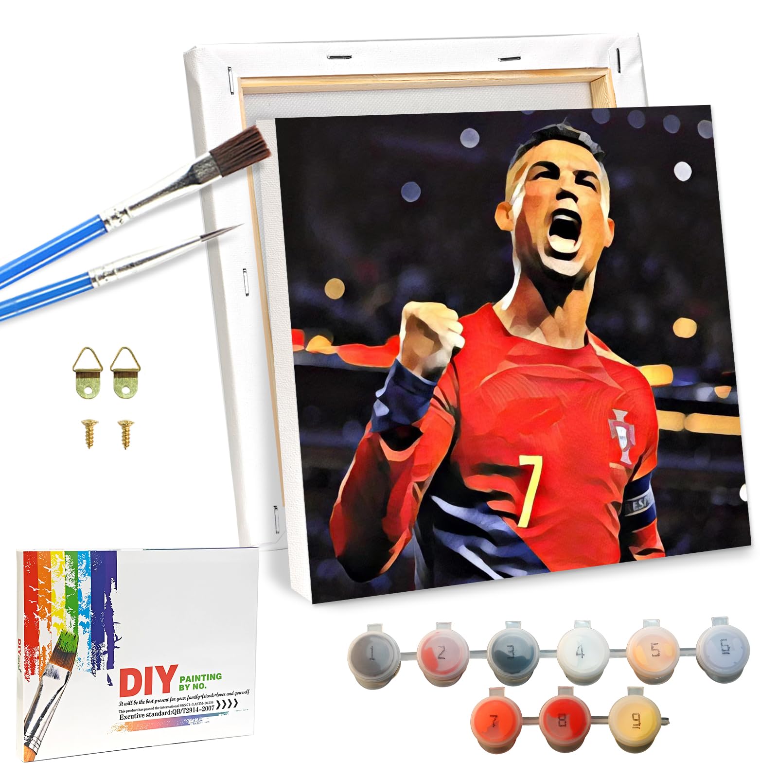 QDUODUO Fussball Malen Nach Zahlen mit Rahmen für Erwachsene Anfänger und Kinder ab 6 Jahre, CR7 Fußball Painting Bastelset mit Leinwand Pinseln Acrylpigment, 20x20cm Klein DIY Gemälde Basteln Kit