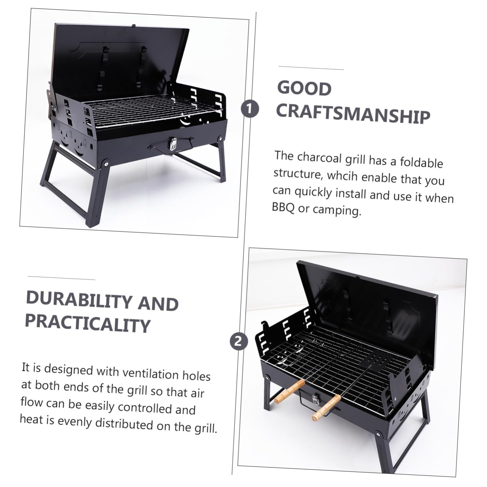 Parrilla de Barbacoa Portátil Plegable de Hierro Negro | Ventilación en Ambos Extremos, Distribución Uniforme del Calor, Uso en Jardín y Bbq