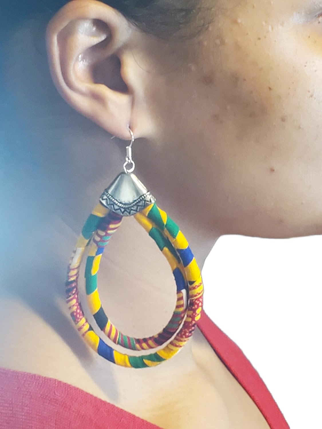 African Cloth Double Loop Earrings - Women's Ankara & Kente Afrocentric Hoop Earrings. - Image 5