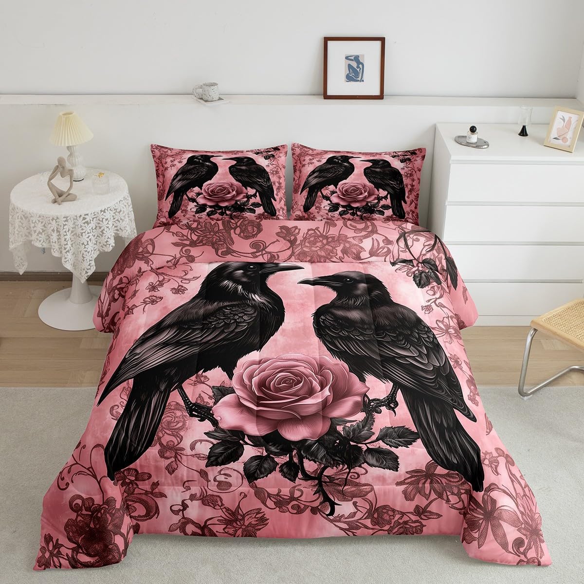 Crow Flowers Kids Comforter Queen,Vintage Country Wild Roses Bedding Set for Teens Youth Children Men,Black Birds Plants Reversible Quilt Sets,Botanical Floral Rustic Style Bedding Comforter Set