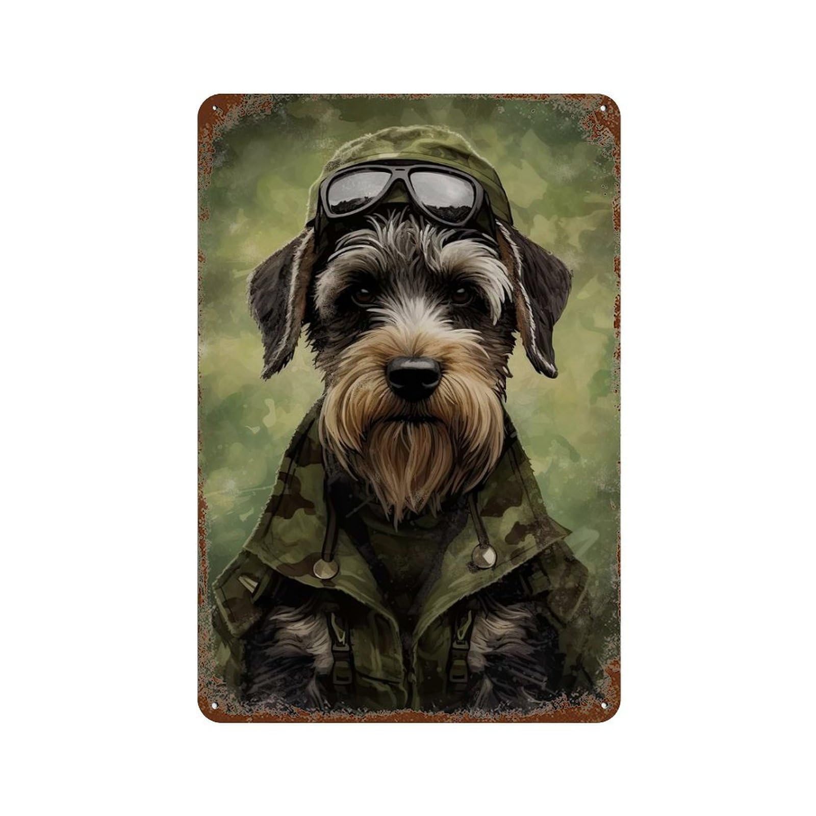 Schnauzer Camo Jacket Aged Metal Wall Plaque 11.8"x7.9", for Pub, Kitchen And Man Cave Decor, Decorative Metal Wall Art