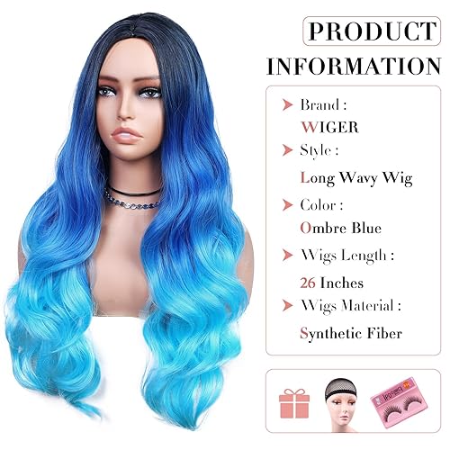 Miniatura 2 de WIGER Pelucas largas onduladas azules para mujer, color azul degradado, pelucas de cabello sintético largo y rizado para uso diario o cosplay