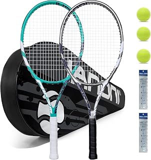 KUIWA Tennis Rackets for Adults 27 Inch Pre-Strung - 2 Player Set with 3 Balls, Grips, Dampers & Bag | Lightweight Durable Racquets