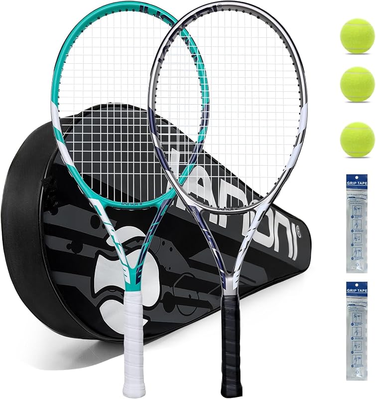 Raquetas de tenis para adultos, raquetas de tenis preencordadas de 27 pulgadas, juego de raquetas de tenis para 2 jugadores con 3 pelotas, 2 empuñaduras, 2 amortiguadores de vibración