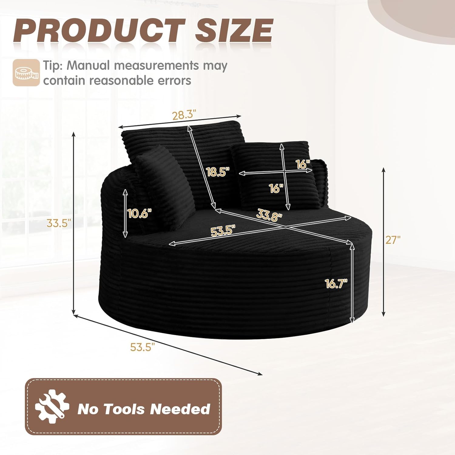 53-inch Boneless Round Chair, Circle Corduroy Memory Foam Upholstered Chaise Lounge Indoor, Comfy Reading Accent Deep Seat Sofa Chair for Living Room, Bedroom, Office, No Assembly Required, Black