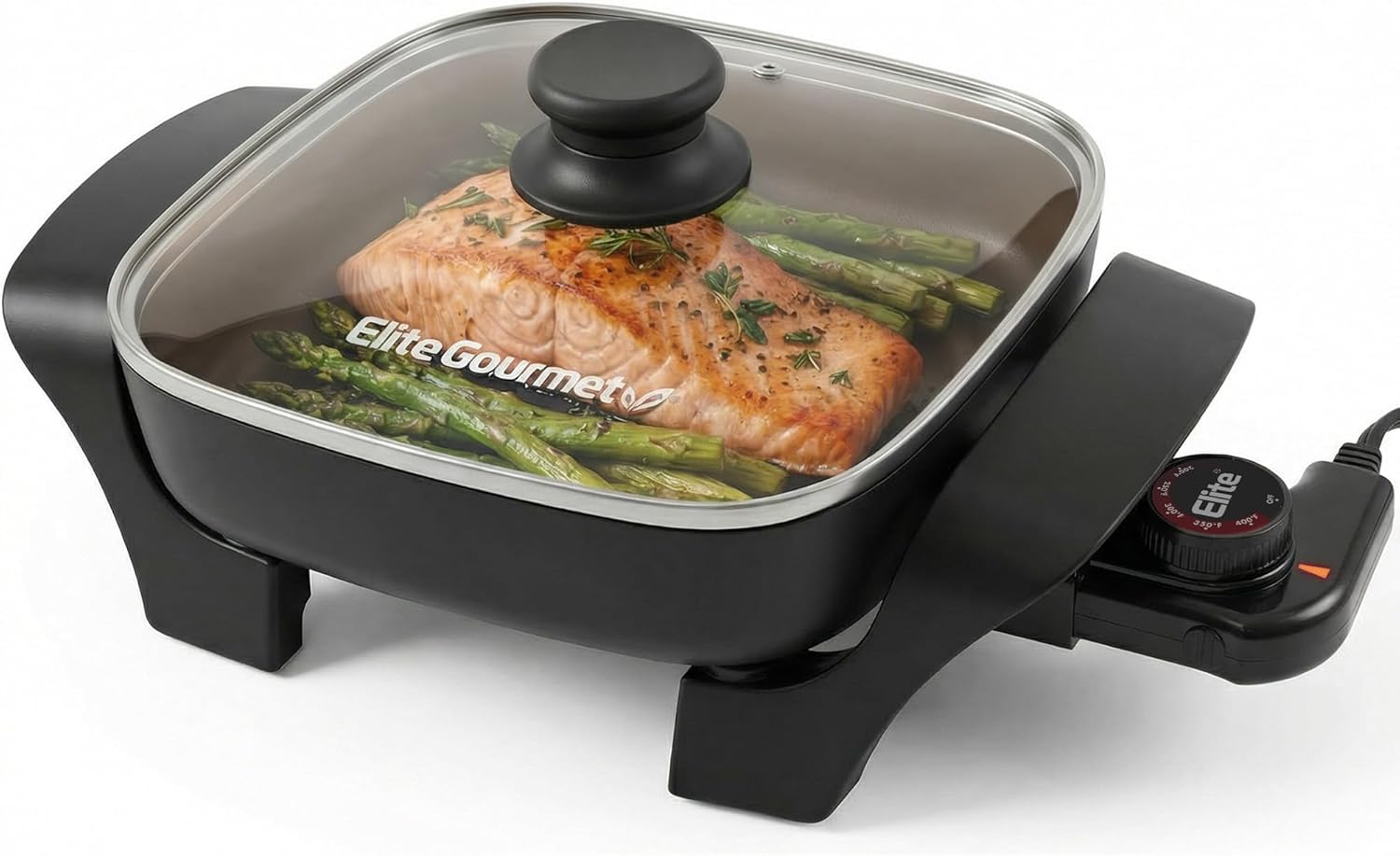 Elite Gourmet EG808C Electric Skillet 8"x8" PFAS-Free Ceramic Non-Stick, Tempered Glass Vented Lid, Removable Thermostat 200–400°F, Dishwasher Safe, 2.5-Qt Capacity for One-Pot Meals, Black