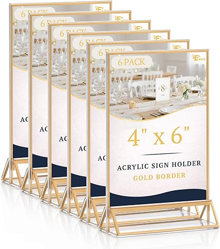 Miniatura 22 de EHWINE Paquete de 12 Portaletreros de Acrílico de 4 x 6 pulgadas, Marco de Fotos Dorado de Doble Cara con Soporte de Mesa, Portaletreros