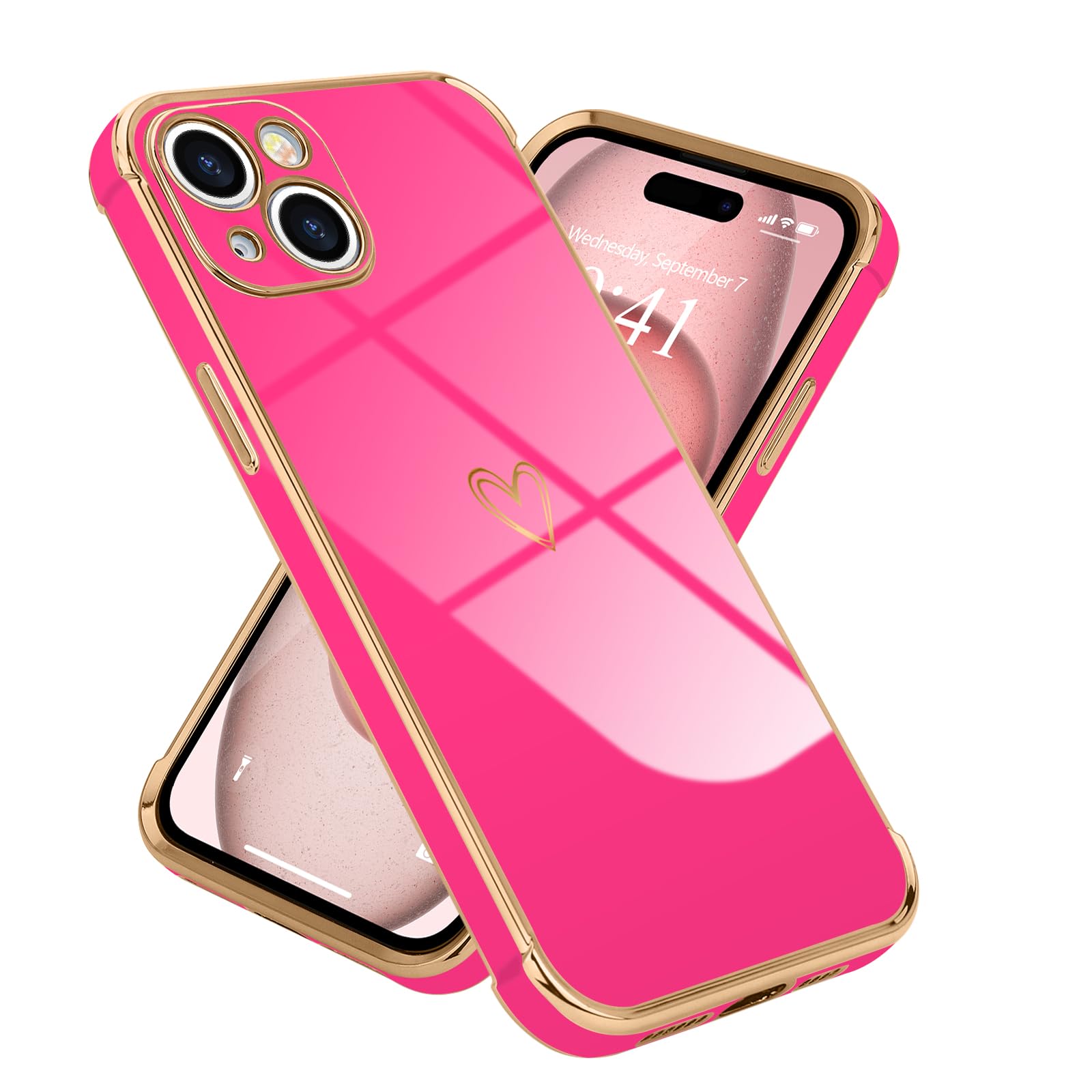 Micoden iPhone 12 Case - Cute Heart Women Girls Silicone Design Fashion Plating Edge Ultra Thin Shockproof Protective Bumper Case for iPhone 12 Rose Red