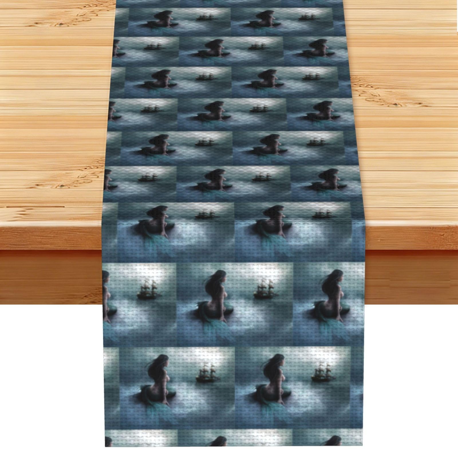 Mermaid Girl And Sailing on Sea Pirate Ship Stylish Printed Table Cloth, Decorative Table Runner 13x72in for Home, Party and Banquet Home Decor