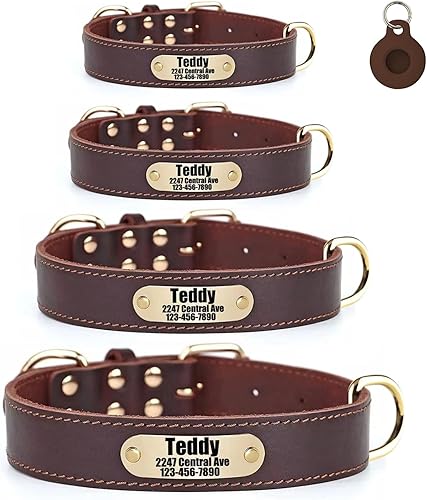 Moonpet Collar de perro de cuero personalizado con placa de identificación grabable con funda de soporte para Airtag, collar de etiqueta de nombre