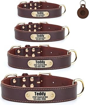 Personalized Leather Dog Collar with AirTag Holder Case, Custom Engraved Nameplate Dog Collar, Adjustable Genuine Leather Dog ID Collar for X-Small Small Medium Large X-Large Dogs-Brown-M