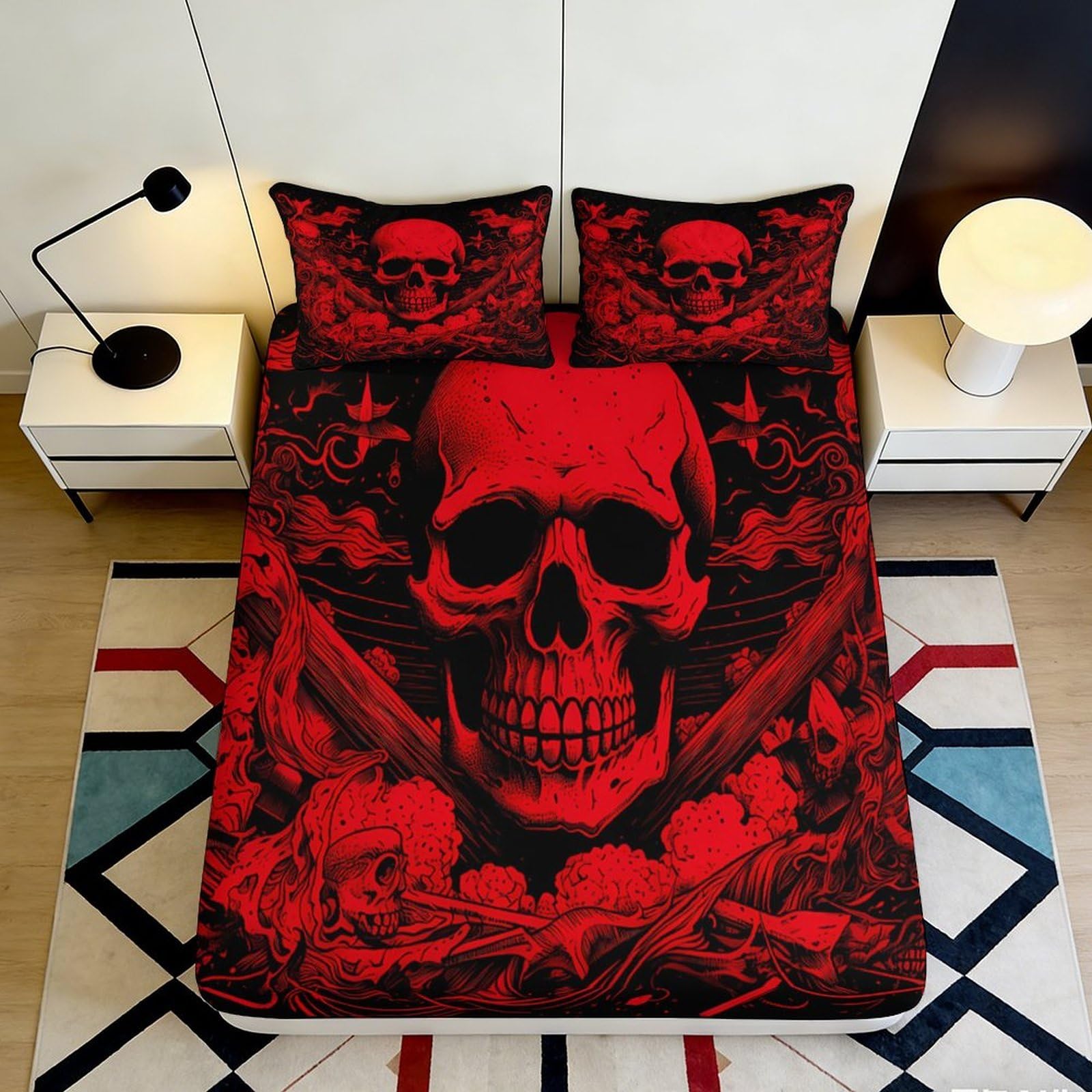 3D Printed Skull Fitted Sheet Microfiber Elastic Deep Pocket Skull Mattress Fitted Cover Washable for Bedroom Bedding 160x200x25cm