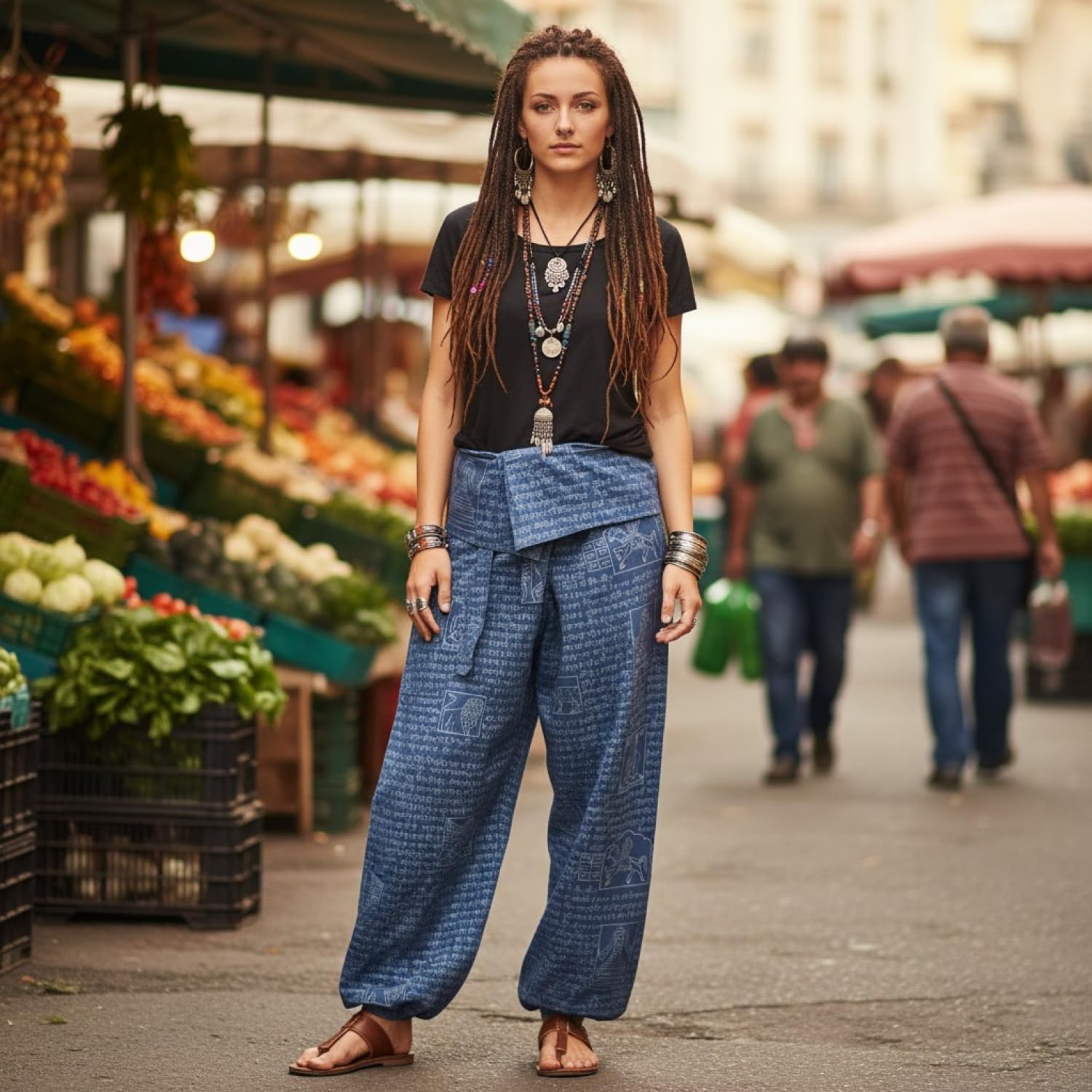 GURU SHOP Pantalon de pêche thaïlandais avec imprimé mantra en coton tissé, pantalon enveloppant, pantalon de yoga, homme/femme, vert, taille : taille unique