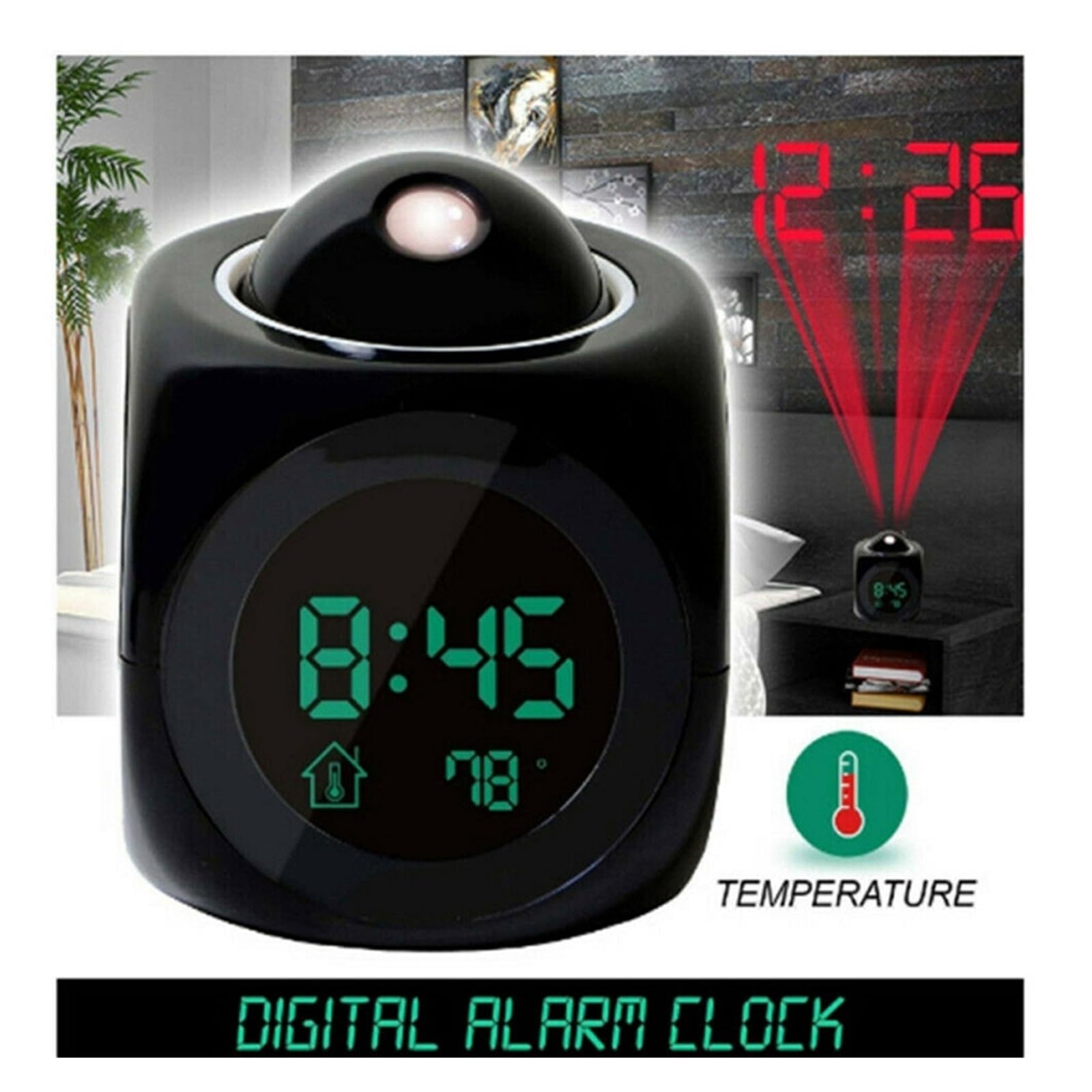 Cyfrowy Budzik LCD Kreatywny Projektor Pogoda Temperatura Czas Na Biurku Wyświetlanie Daty Projekcja Ładowarka USB Domowy Zegar Timer WyraźNy Obraz(Black)