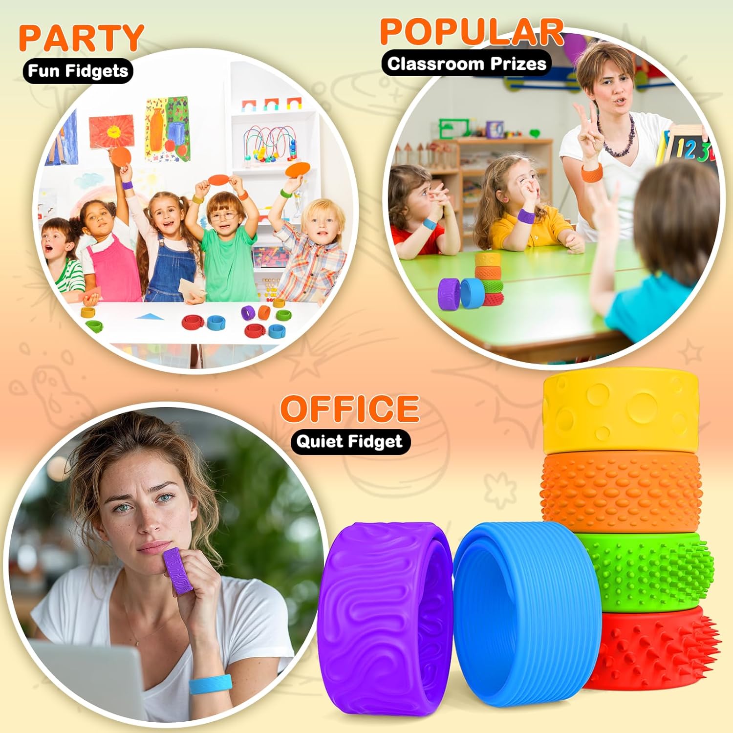 Fidget Toys Slap Bracelets for Kids Adults: 6 Pack Textured Silicone Sensory Bracelet for Autism Calming Down, Quiet Fidget Stress Toys, Anxiety Relief Items Classroom Must Haves Prizes Gift