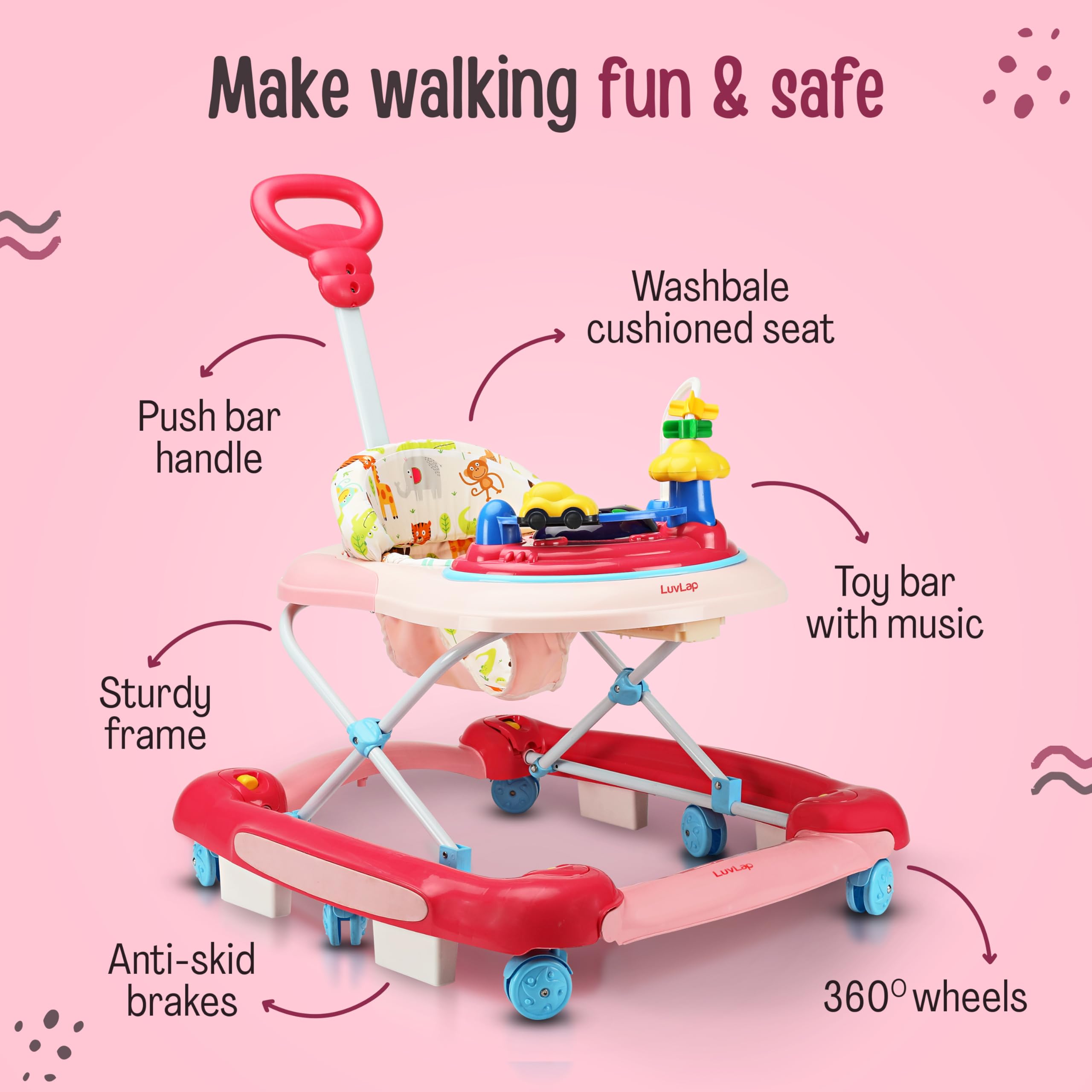 LuvLap Comfy 2-in-1 Baby Walker & Rocker with Parental Push Handle, Anti Fall, Anti Skid Mechanism, Height Adjustable with Light, Rattle & Musical Toys, Cushioned Walker for Baby 6-18months (Pink) 1