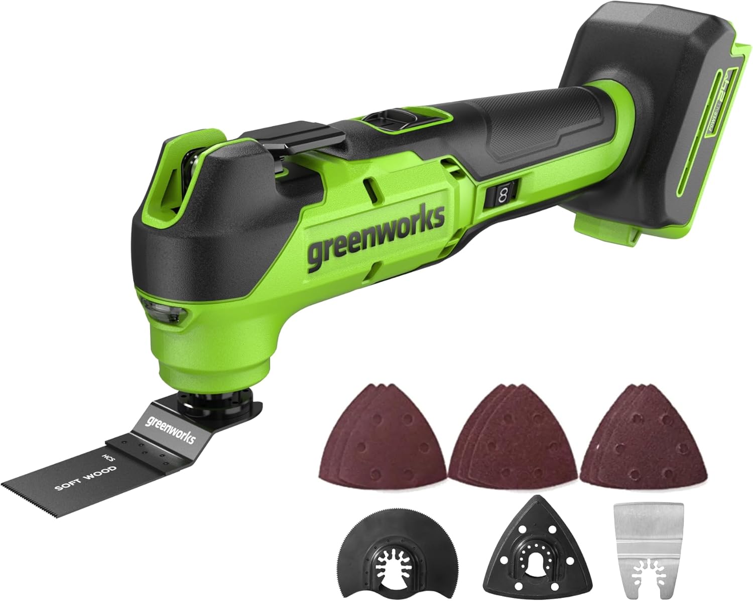 Greenworks 24V Lithium Ion Brushless Cordless 18,000 OPM Oscillating Multi Tool with Woodcutting Blades and Sanding Pad with Sheets Included,8 Speed Settings (Battery Not Included, Power Tool Only)
