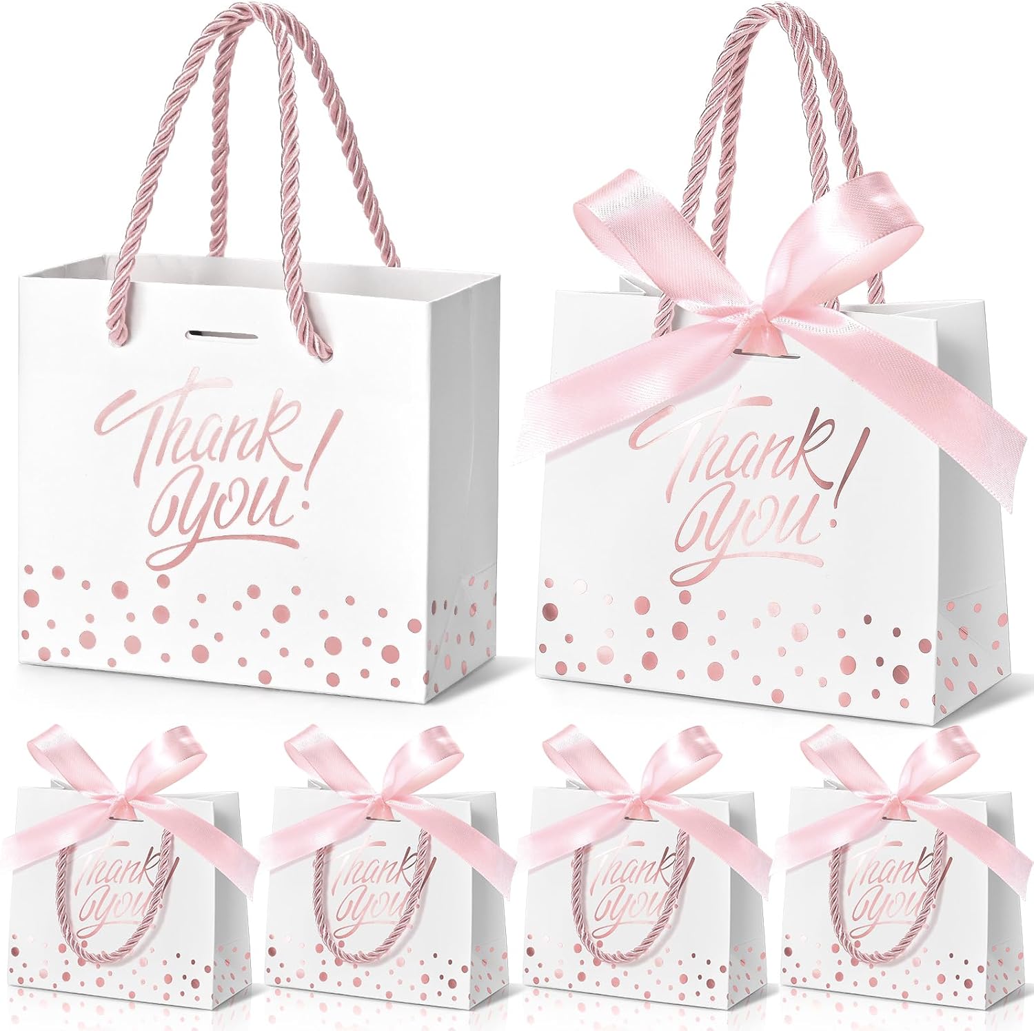 EQOREIIN Small Thank You Gift Bags 50pcs 5.5x2.5x4.7 Inches Mini Gift Bags with Handles Bow Ribbon Tiny Paper Bag for Party Favor, Mother's Day，Valentine's Day, Wedding, Baby Shower (Purple)