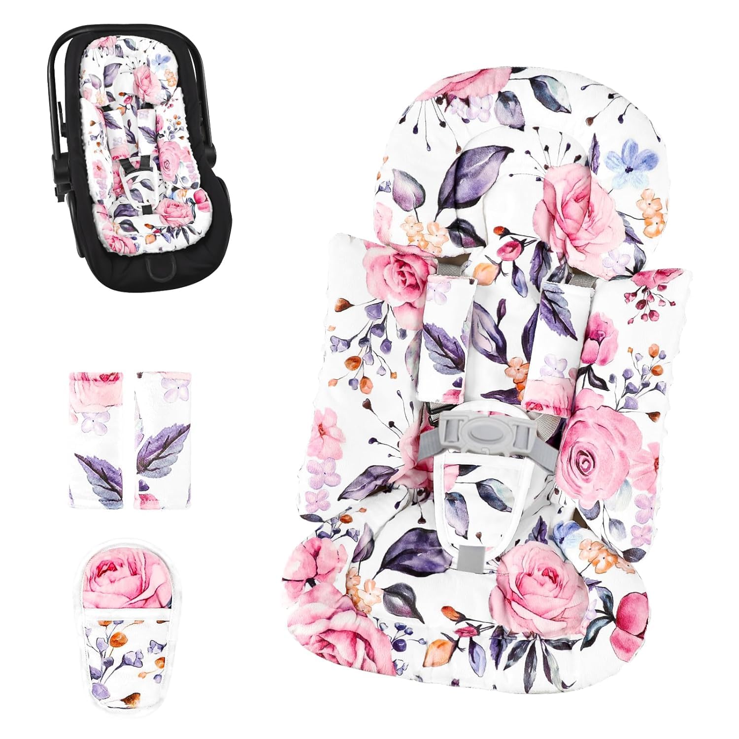 GFU Coussin de siège auto pour bébé avec 3 housses de sangle, 3 en 1 réversible à motif floral pour nouveau-né, coussin de siège auto 3D doux Minky pour prématuré au nourrisson, poussette, balançoire