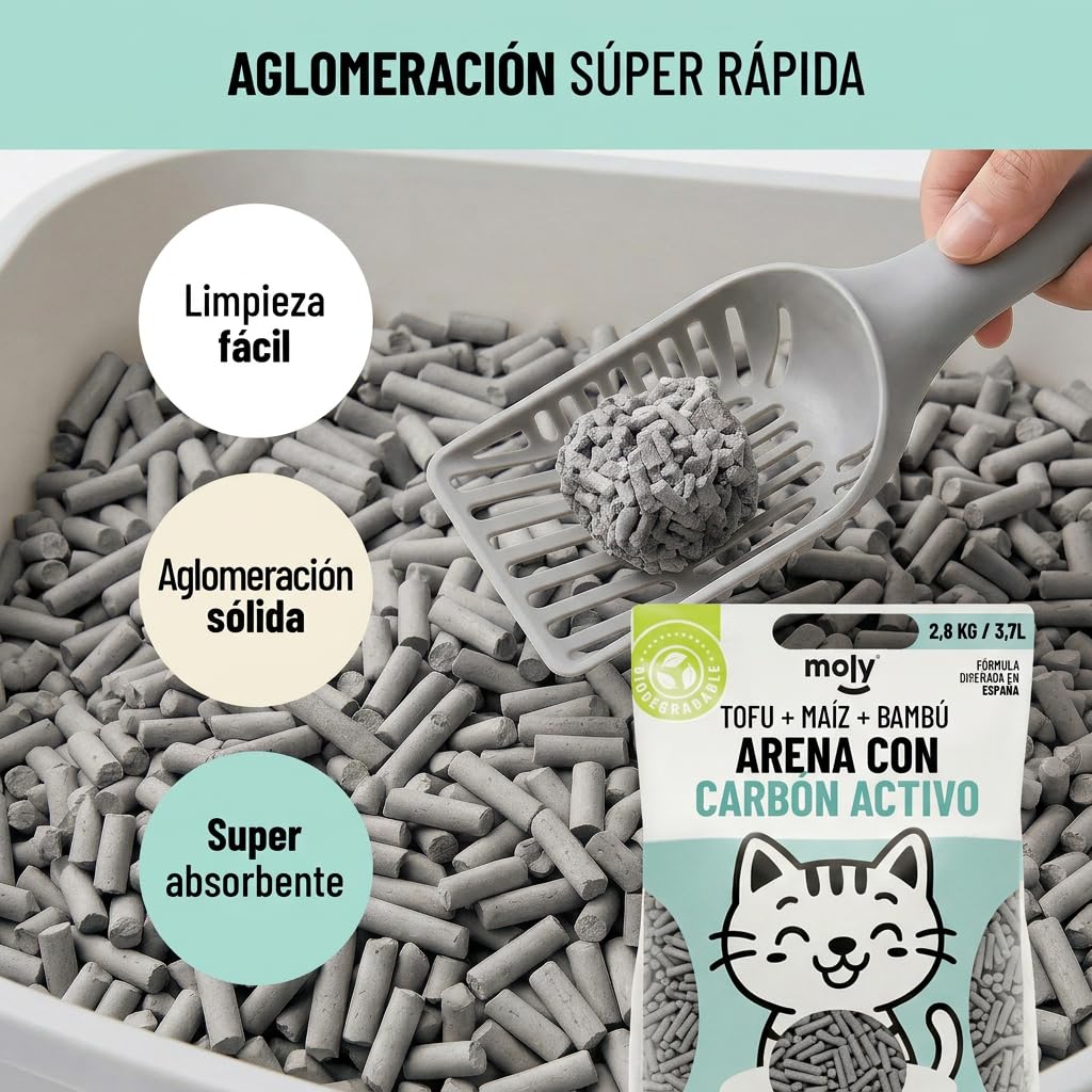 MOLY x2 Arena para Gatos Carbón Activo Biodegradable 5,6 KG 7,4 L | Arena Ecológica Vegetal de Bambú y Maíz Aglomerante | Alta Absorción y Bajo Polvo | Lecho Natural Compostable | Control de Olores — view 6