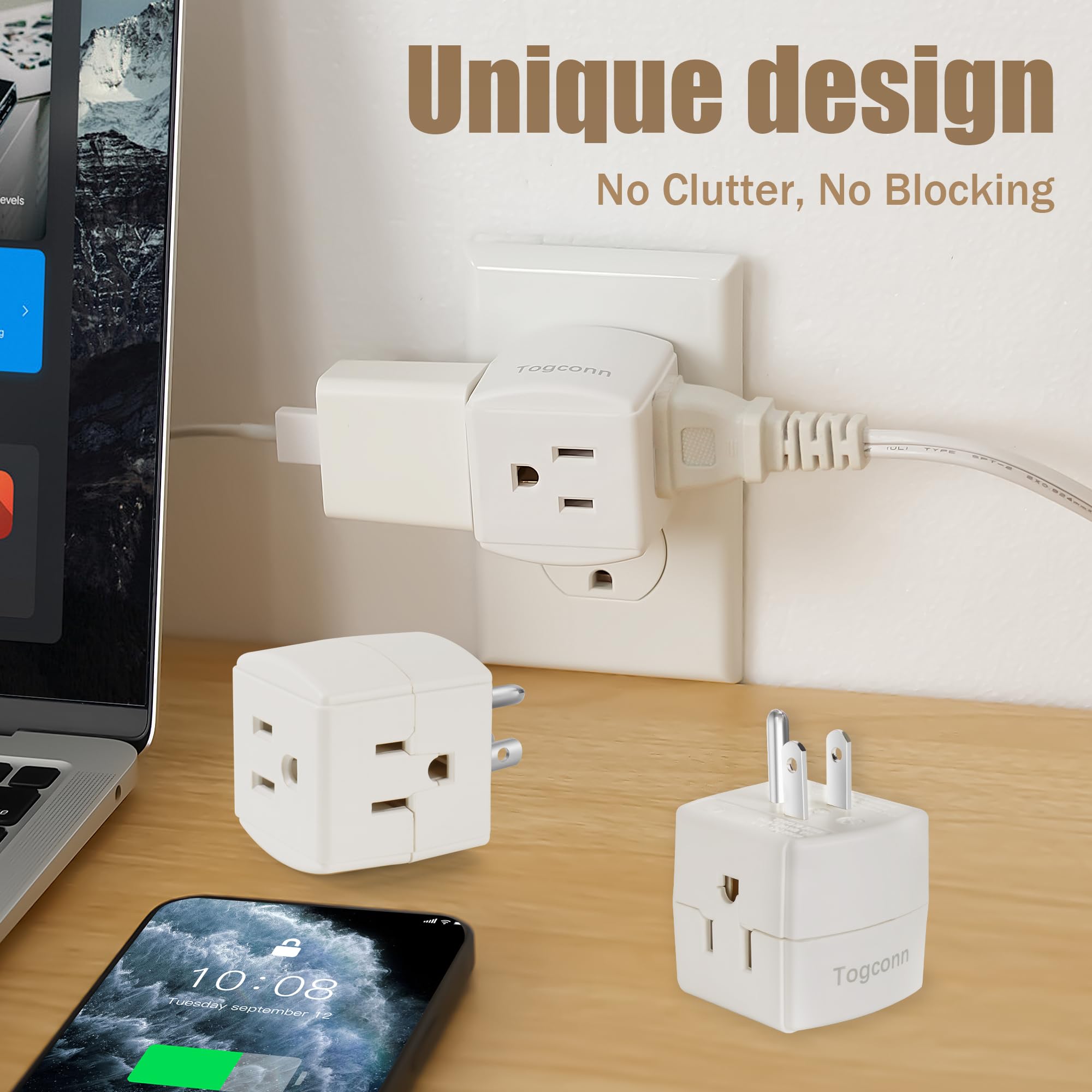 3-Outlet Wall Tap Cube 2 Pack - 3 Prong Grounded Power Splitter Adapter, White, ETL Listed
