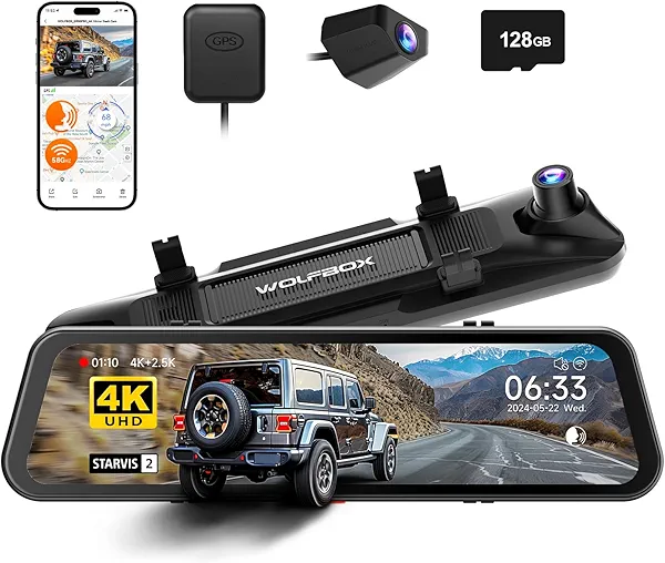WOLFBOX G900 PRO Mirror Dash Cam with STARVIS 2 IMX678, 12 inches Rear View Mirror Camera with Front 4K and Rear 2.5K, Included 128GB Card, Voice Control, 5.8GHz WiFi, Loop Recording, G-Sens