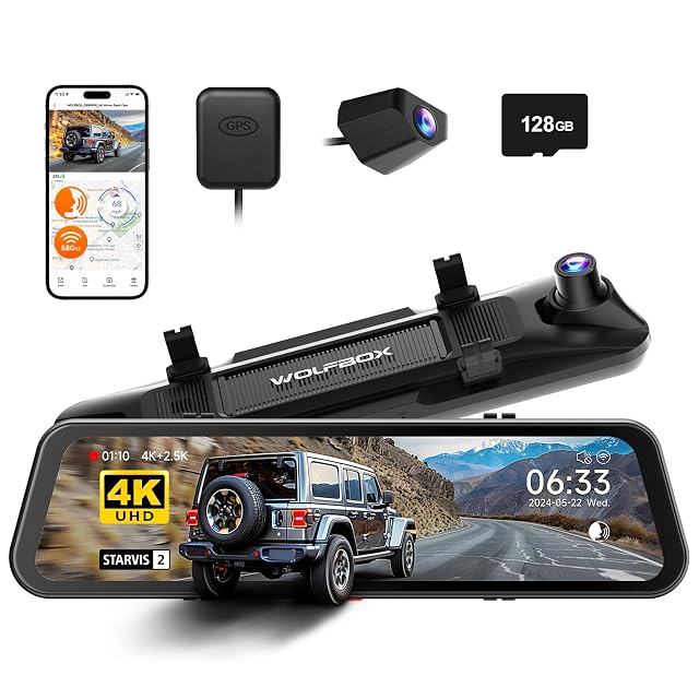 WOLFBOX G900 PRO Mirror Dash Cam with 8MP STARVIS IMX678 12 inches Rear View Mirror Camera with Front