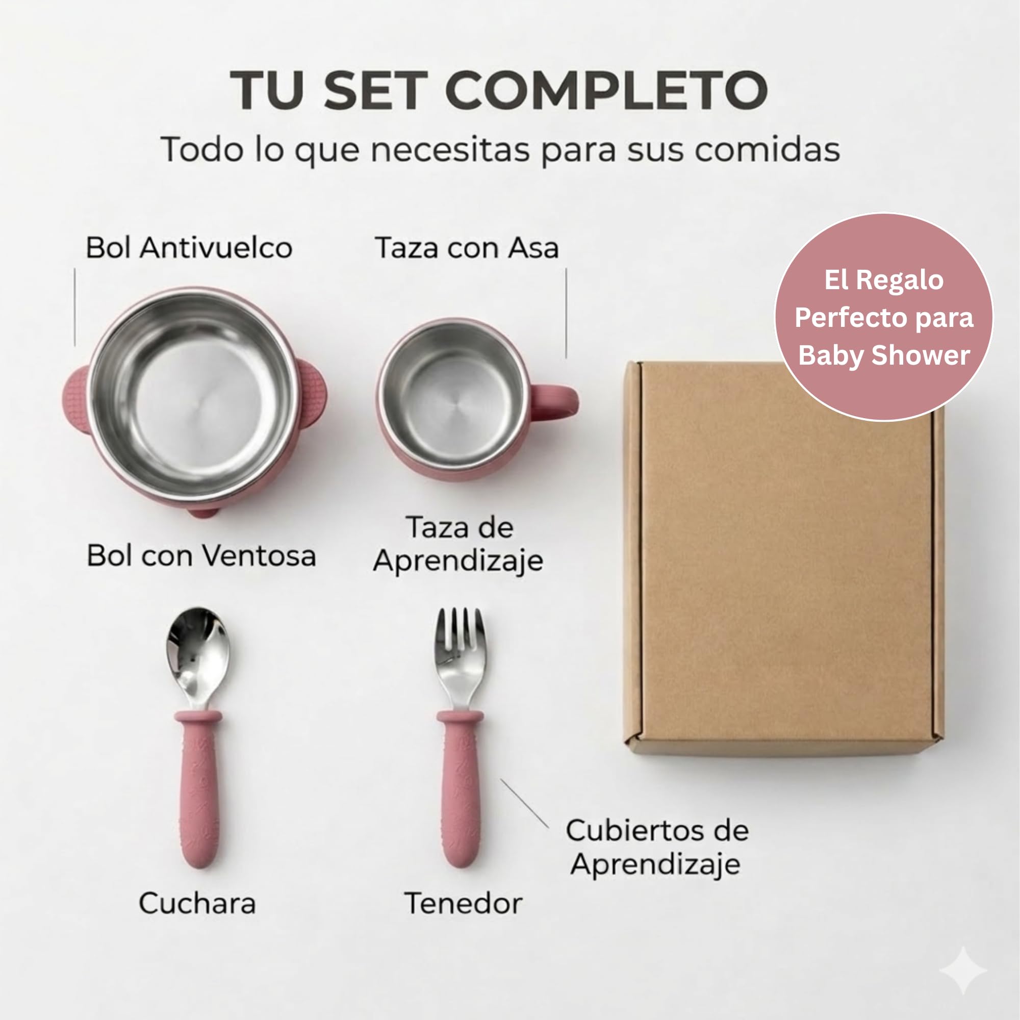 Set Bebé 4 Piezas 2en1 Acero Inoxidable + Silicona | Cuenco y Vaso Desmontables con Ventosa + Cubiertos BLW | Sin BPA Apto Lavavajillas | Alimentación Complementaria 6 Meses (Rosa)
