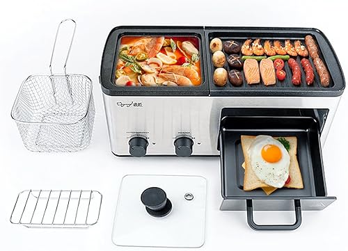 Breakfast Maker Station 4 en 1 con parrillaparrillatostadacesta de freír, platos antiadherentes extraíbles, control de temperatura doble, color