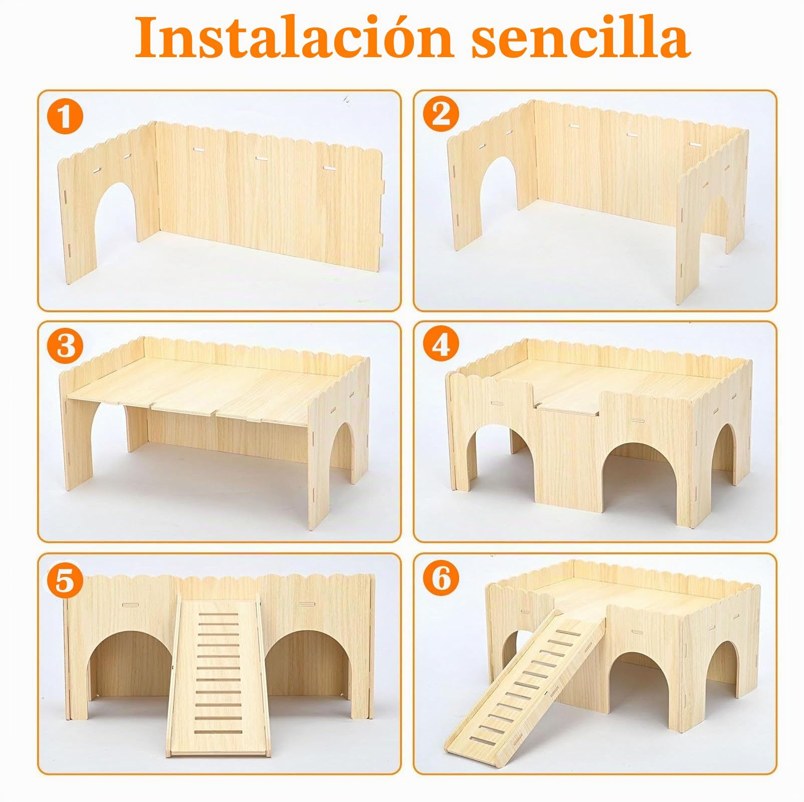 Casa de Cobayas Madera Natural con 4 Cuevas y Rampa Extraíbles, 38x25x18cm Castillo Conejo Gran, Accesorios Juguete Mascotas Pequeñas para Cobayas, Hámsteres, Chinchillas, Conejos Enanos y Hurones