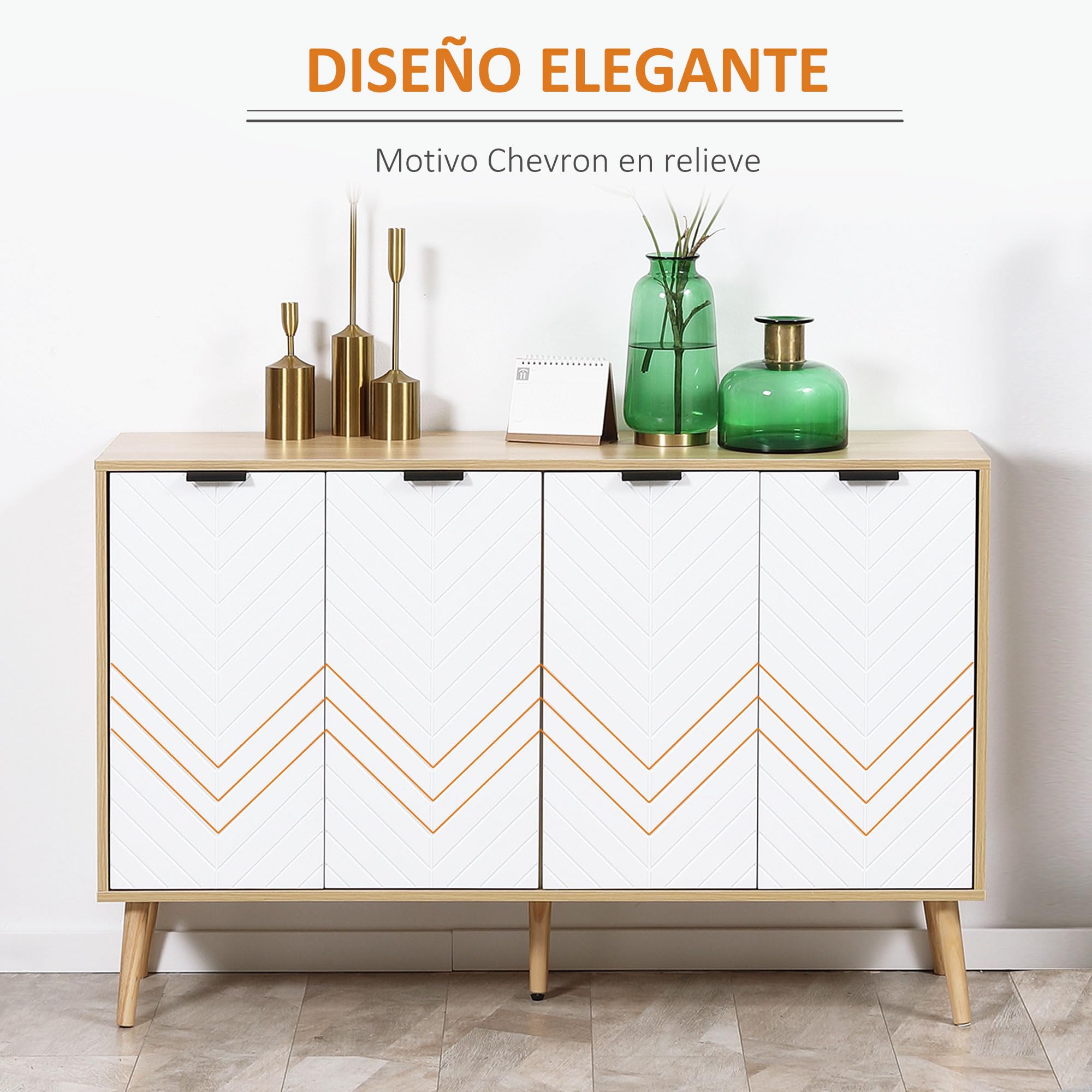 HOMCOM Aparador de 4 Puertas, Aparador de Salón con Estantes Ajustables, Patas de Madera, Puertas con Patrón de Espiga, para Cocina, Entrada, Dormitorio, Blanco y Natural, 120x35x77,4 cm