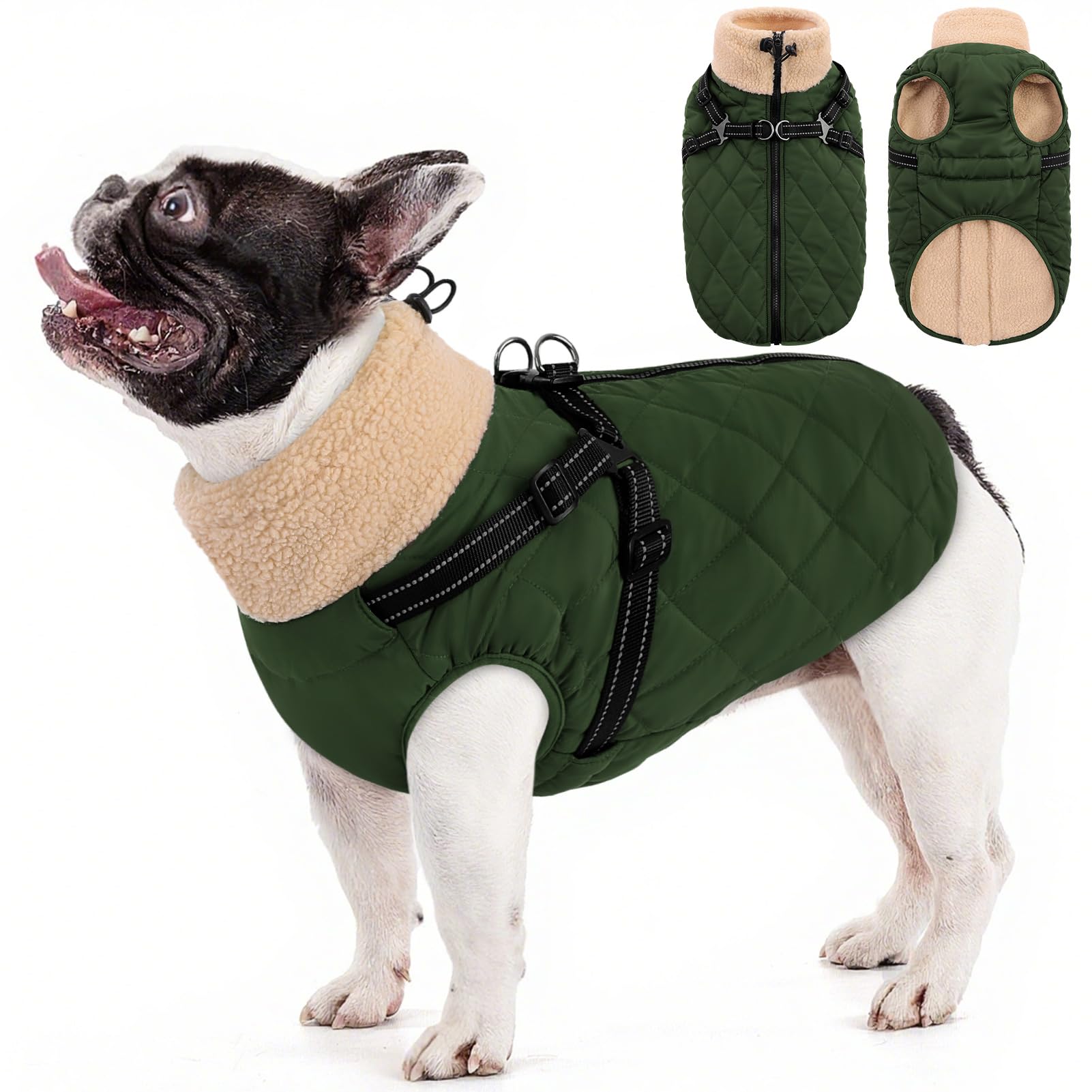 Queenmore Waterproof Small Dog Coat with Built-in Harness - Adjustable High Neck Fleece Lined Jacket for Dachshund/Cockapoo - Quilted Winter Warm Outdoor& Easy Zipper(Green, S) โ image 1