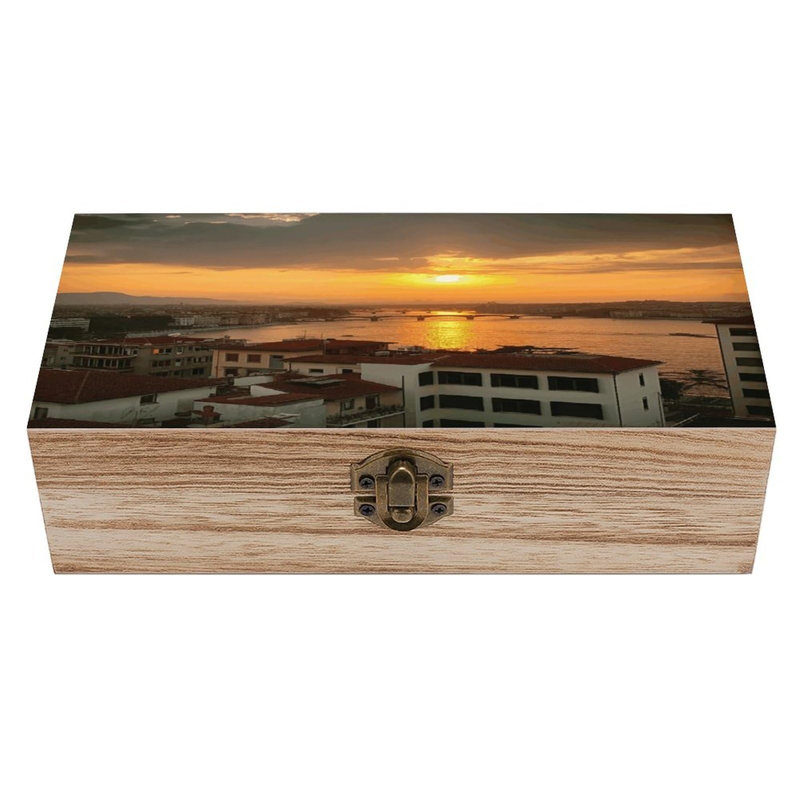 FekiLoot Sunset View Wooden Box with Hinged Lid Vintage Storage Box Beautifully Wood Keepsake Boxes Jewellery Organiser & Trinket Holder Unique Gift Ideas for Men & Women