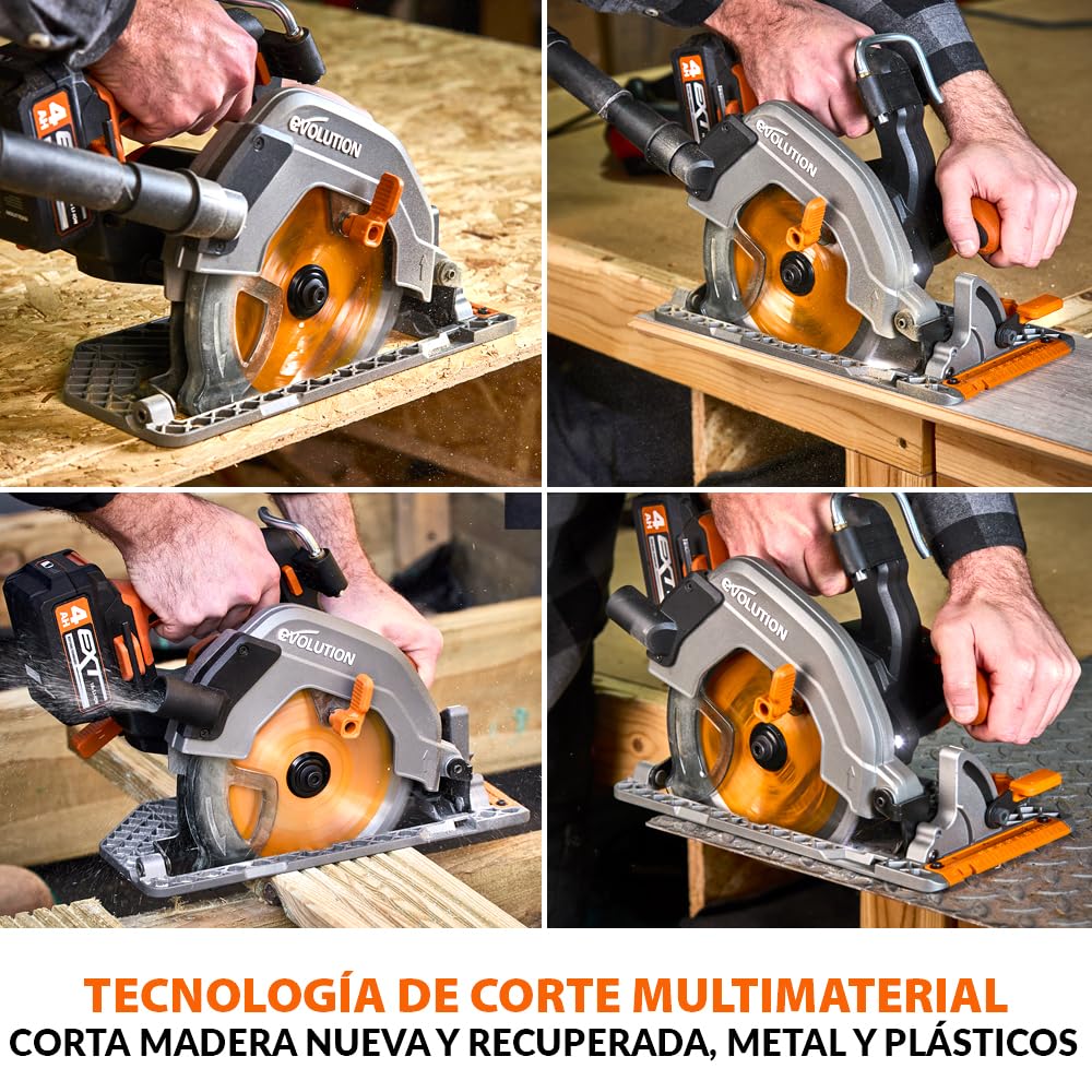 Evolution Power Tools R185CCS-Li Sierra circular sin cable y sin escobillas 18v Li-Ion Incluye hoja TCT Multi-Material Corta Madera, Metal, Plástico, Guía Incluida, Batería y Cargador Incluidos, 185mm