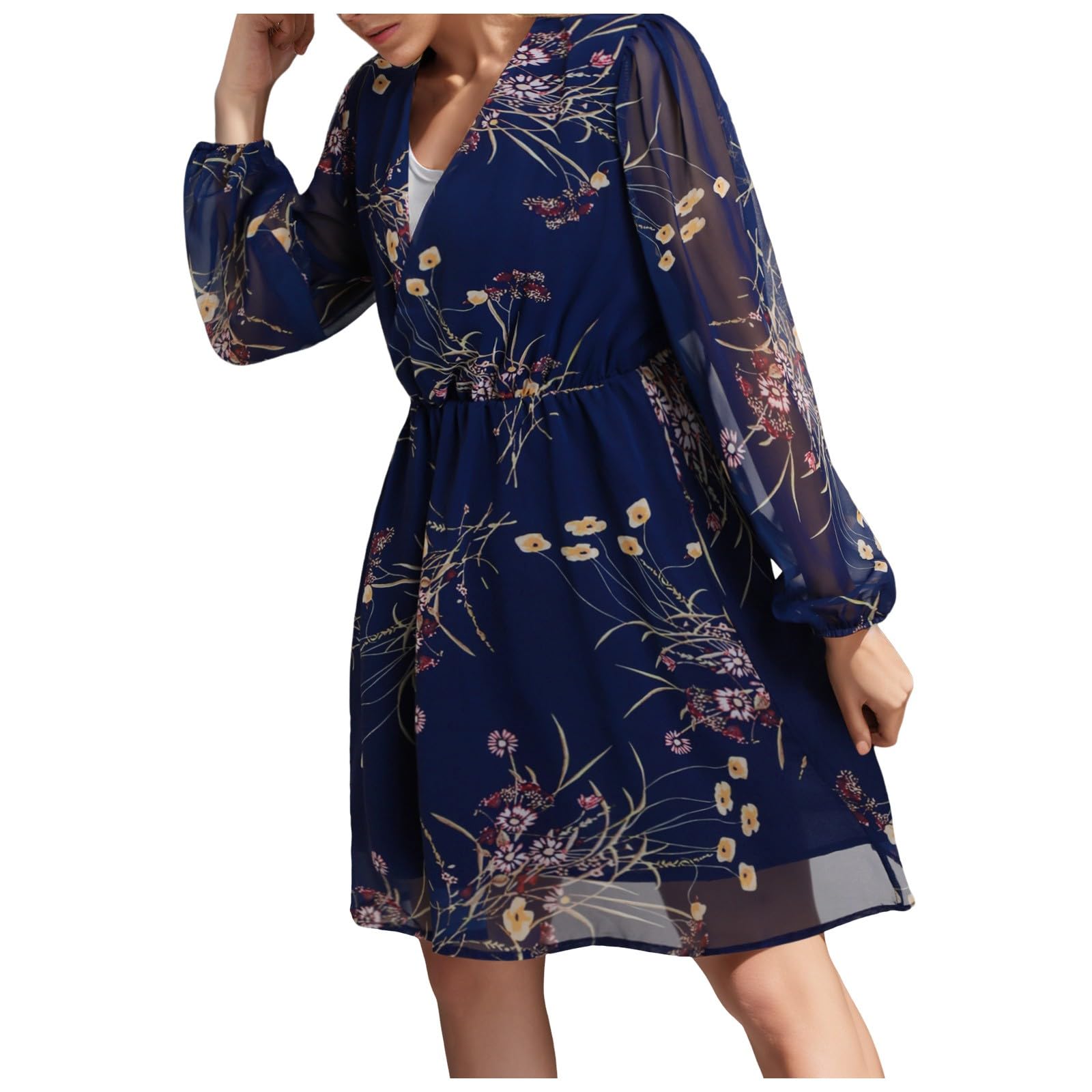 Minivestido de gasa manga larga acampanada y estampado floral casual 6
