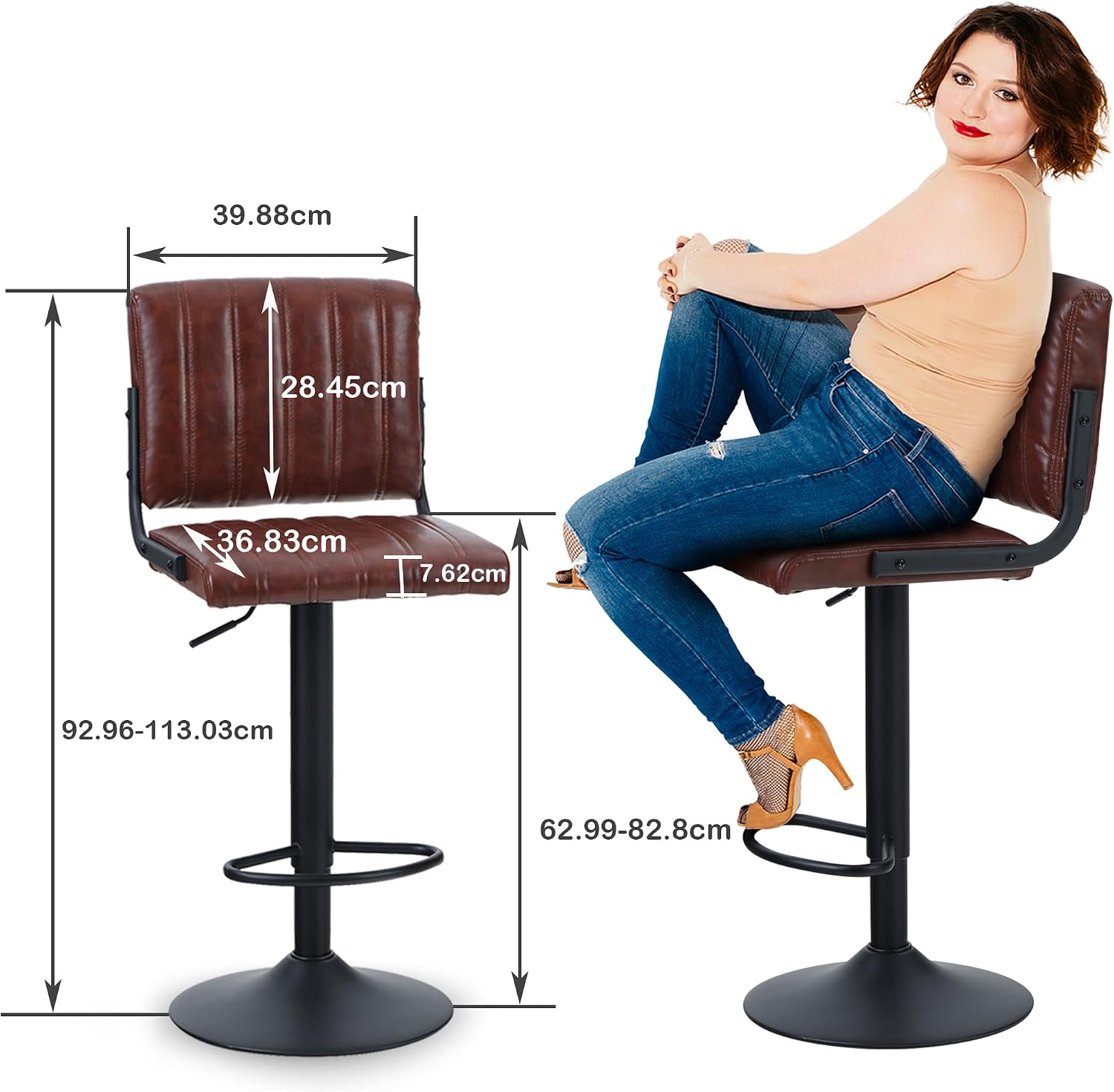 ALPHA HOME Bar Stools Set of 2 PU Leather Bar Chairs with Back Adjustable Kitchen Height Stools Pub Bistro Bar Counter Height Stools Modern Square Seat Chairs 360°Swivel Stools 300lbs Capacity Brown