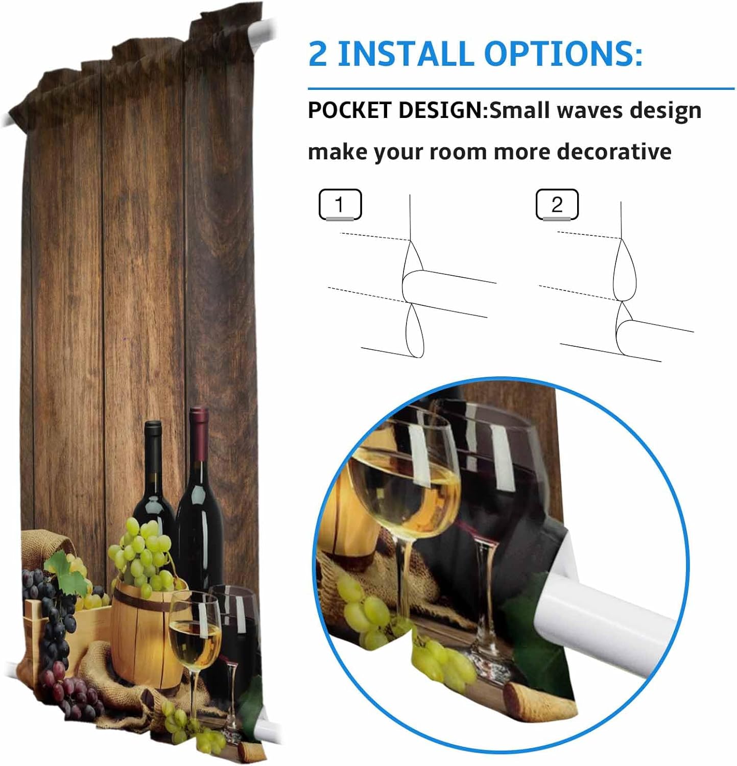 Rod Pocket French Door Curtain, Kitchen Door Panels Wine Glasses Barrel and Fruit Grapes Light Filtering Room Divider Curtain Cover Curtains for Windows Wooden Texture (Tie-Back Included, 1 Panel)