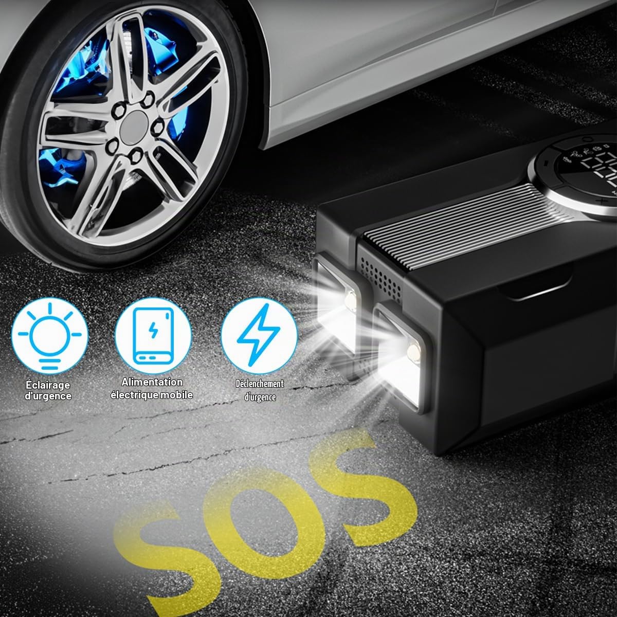 Voiture Jump Starter avec Compresseur D'air 150PSI, Batterie Booster 12V Portable pour Gaz/Diesel, Power Bank LCD, Lampe de Poche