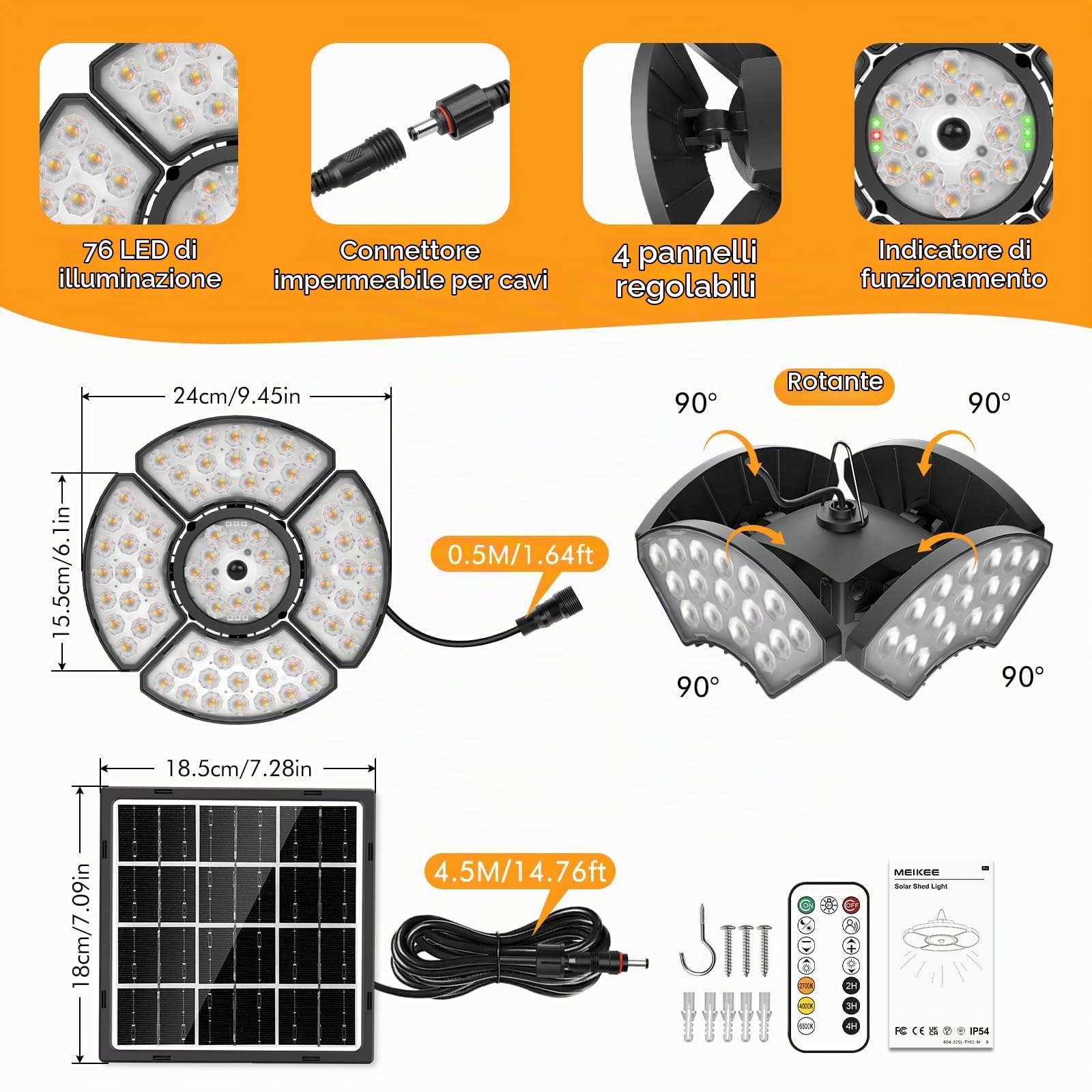 MEIKEE Luce Solare con Sensore di Movimento, Lampade LED Solare Sospensione con Telecomando, Impermeabile IP65, Luce Calda Fredda Regolabile, 6 Luminosità, Cavo da 5m, per Casa, Gazebo, Garage