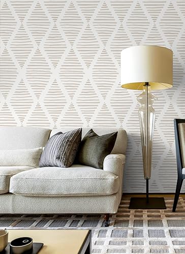 Vista 4 de Papel tapiz moderno de rayas para despegar y pegar, papel de contacto beige y blanco, 17.7 x 393 pulgadas, papel tapiz geométrico autoadhesivo