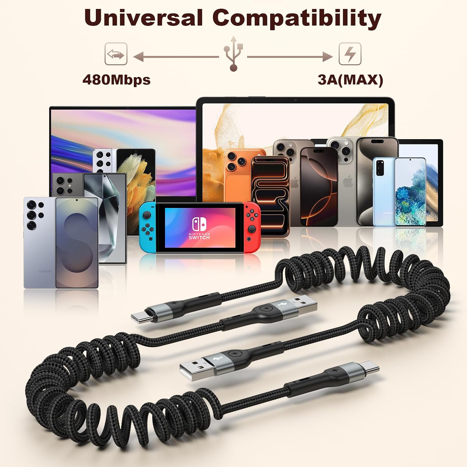 Coiled USB C Charger Cable for CarPlay [3ft 2Pack],USB A to USB C Cable,Durable Braided Type C Fast Charging Cable for iPhone 17/16/15/Pro/Pro Max,Galaxy S10/25,Android Devices（Black）